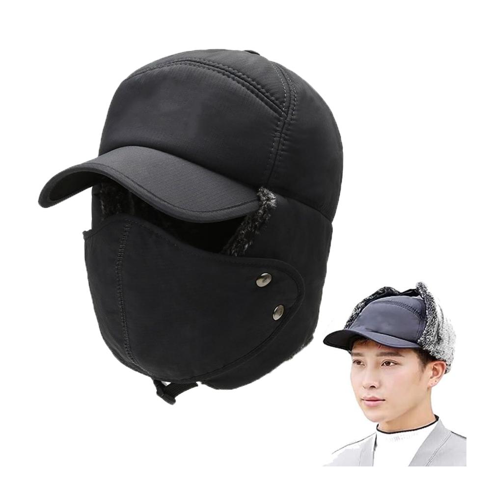 Fliegermützen Tozuor - Russischer Trapper Hut mit Kunstfell Unisex Wintermütze inklusive Ohrklappen und Maske Schwarzer Pelziger Hut für maximale Wärme