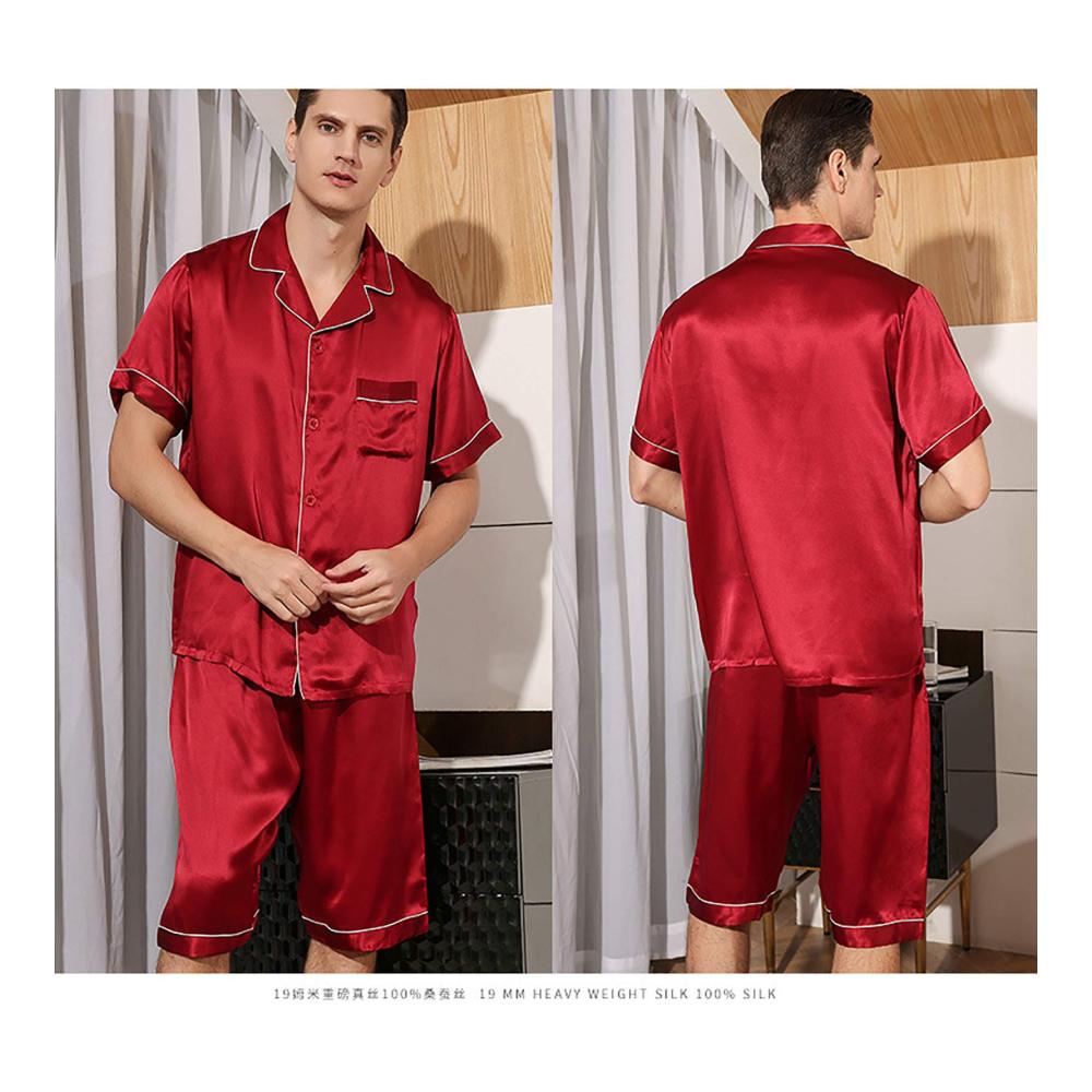 Herren Schlafanzug Set Button-Down Seidenpyjama mit Shorts (Rot L) - Bequemer Kurzarm Pyjama für erholsamen Schlaf