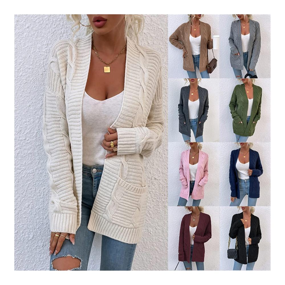 Damen Grobstrick Strickjacke mit Seitentasche - Elegant Langarm Strickmantel für Damen Casual Strickpullover Damen Sweater Tops Outwear
