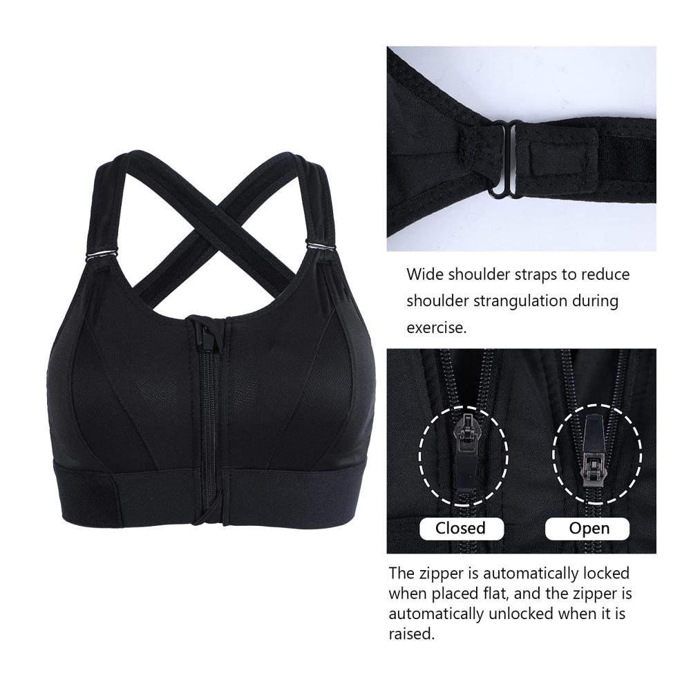 Sport-BH Damen Starker Halt Push-Up Front-Zip Vorderverschluss große Brüste verstellbare Träger gekreuzter Rücken - Ideal für Fitness Training