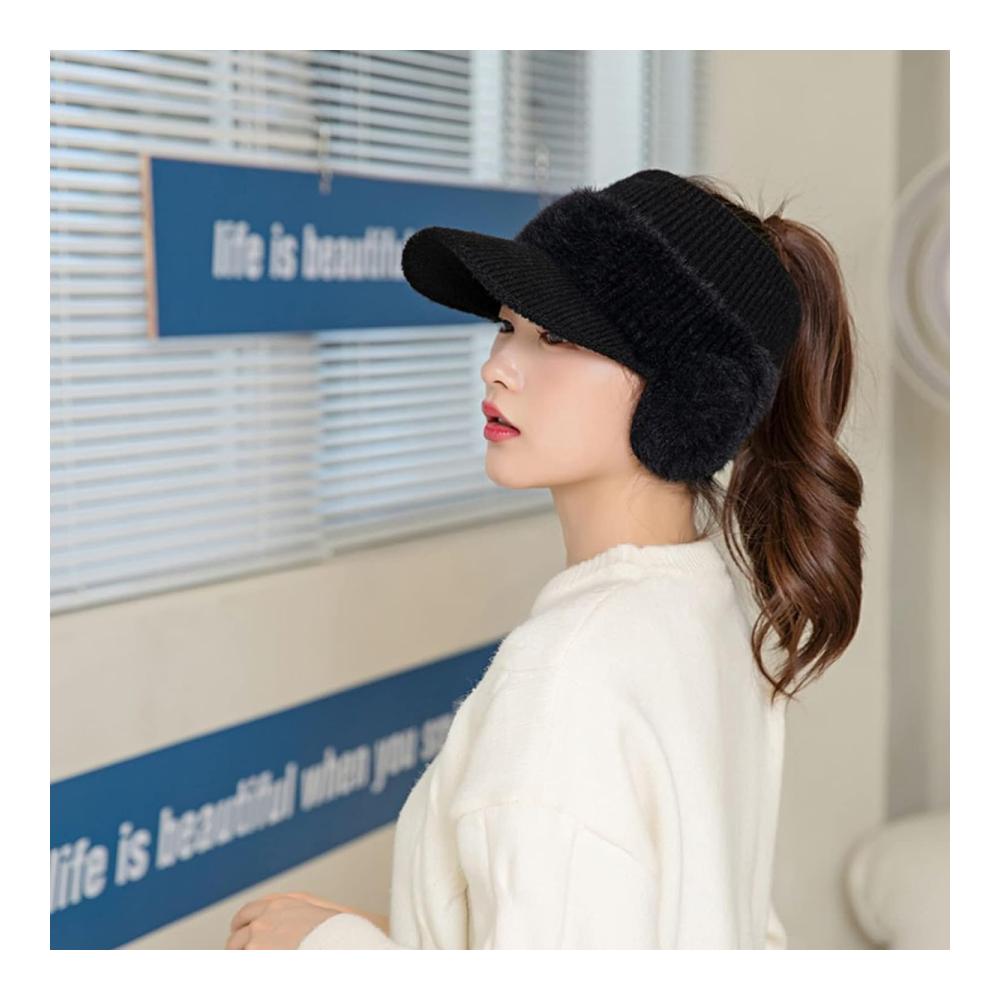 Damen Winter Strickmütze mit Ohrenschutz Fleece-Innenfutter Pferdeschwanzöffnung und Ohrenklappen - Warme Baseballmütze für den Winter
