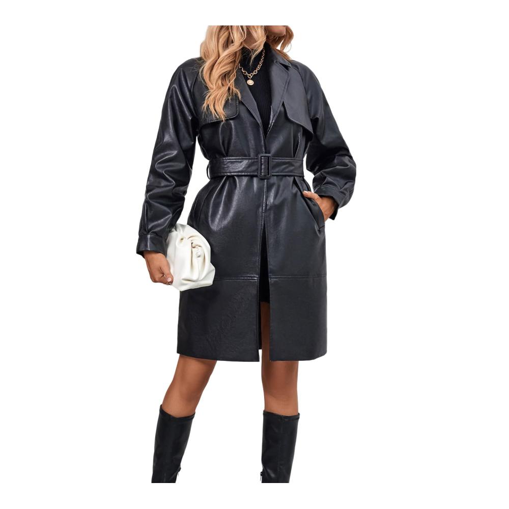 Trenchcoat Damen Eleganter PU-Lederjacke in Schwarz Mittellang mit Schnürrevers