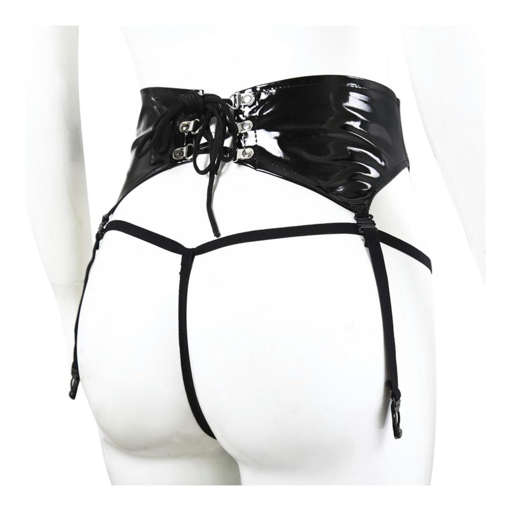 Strumpfgürtel Set Verführerische Schwarz Sexy Dessous mit Wet-Look Lack Leder - Damen Strumpfbänder & Strumpfhalter für Nachtclub Party und mehr