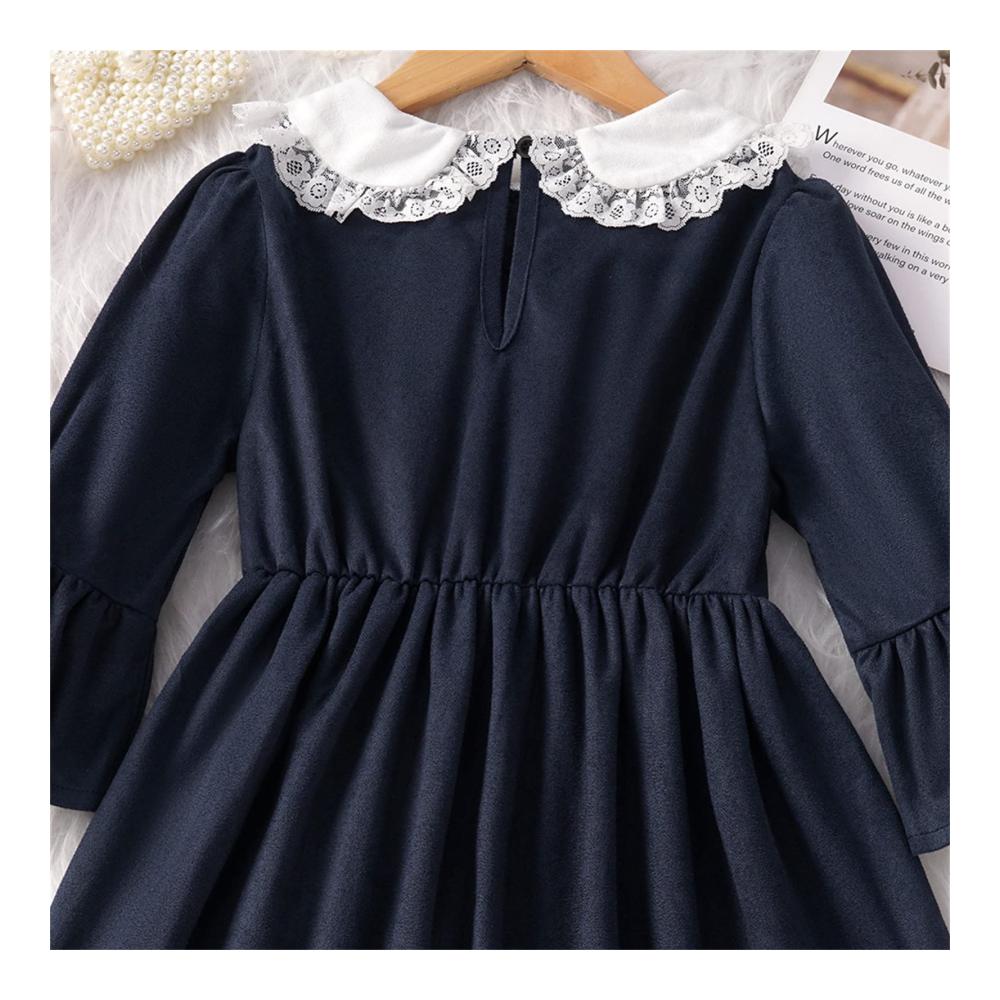 Kinder Geschenk Langärmeliges Mädchen Kleid mit Spitze Patchwork-Design und elastischer Taille