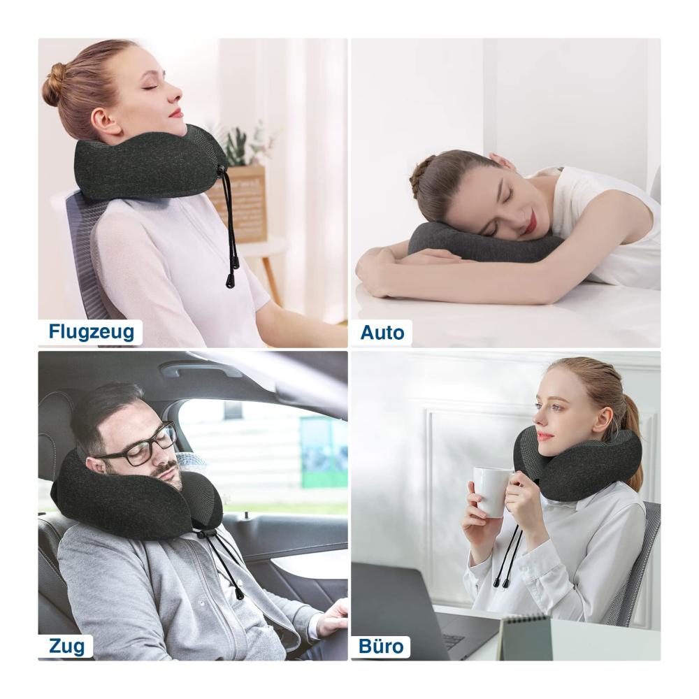 Memory Foam Nackenkissen für unterwegs - Reisekissen für Flugzeug Auto Zug Büro - Schnell verpackbares Nackenstützkissen aus 100% reinem Memory Foam - Perfektes Nackenhörnchen für Camping und Erwachsene