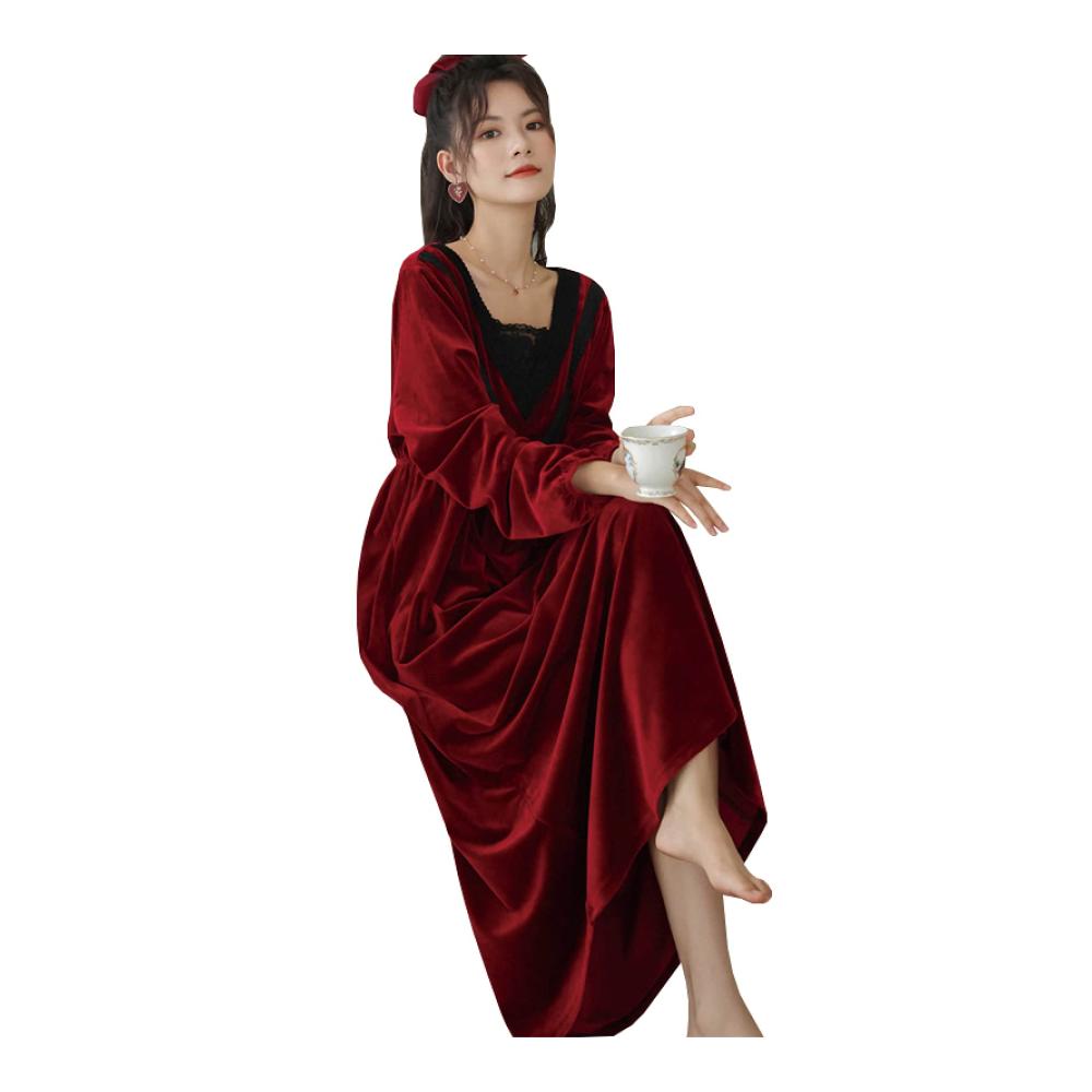 Gold Samt Victorian Langarm Nachthemden für Damen - Warme Pyjamas in Plus-Größe mit Palace Style. Ideal für den Innen- und Außenbereich kann als locker sitzende Hauskleidung getragen werden. Red-XL