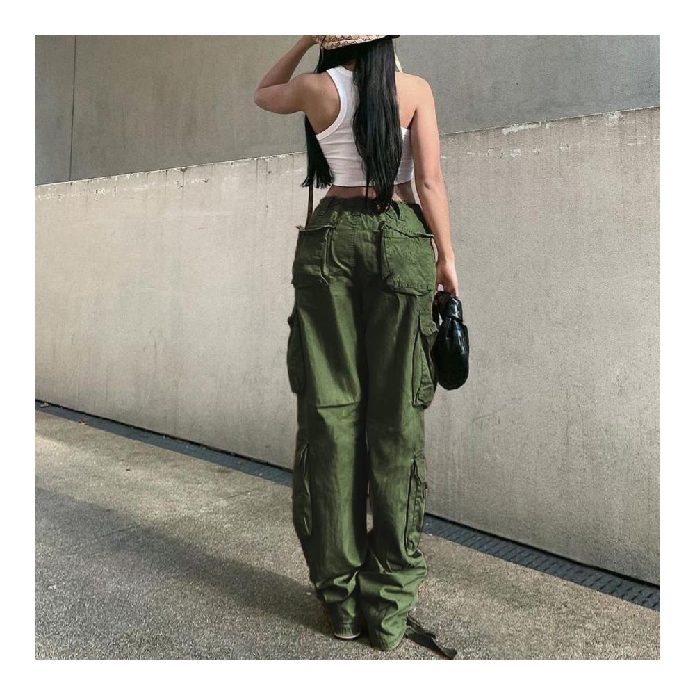 Damen Cargo Jeans Y2K Grüne Low-Rise Baggy Jeans mit Taschen - Trendige Vintage Streetwear