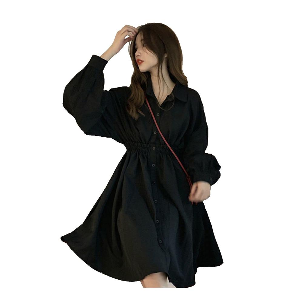Pareos & Strandkleider Sommerkleid mit elastischer Taille Lolita-Design Vintage Vestidos Laterne Ärmel - Trendy Preppy Girls Kleider in Schwarz (Größe M