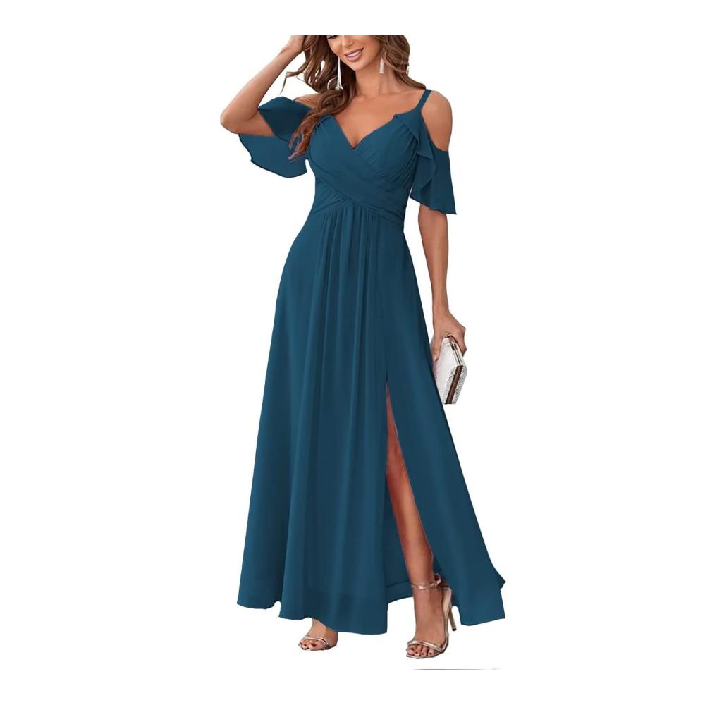 Abendkleider Damen lang – Elegante A-Linie Chiffon Ballkleider mit Schulterfreiheit und Spaghetti-Trägern für formelle Anlässe