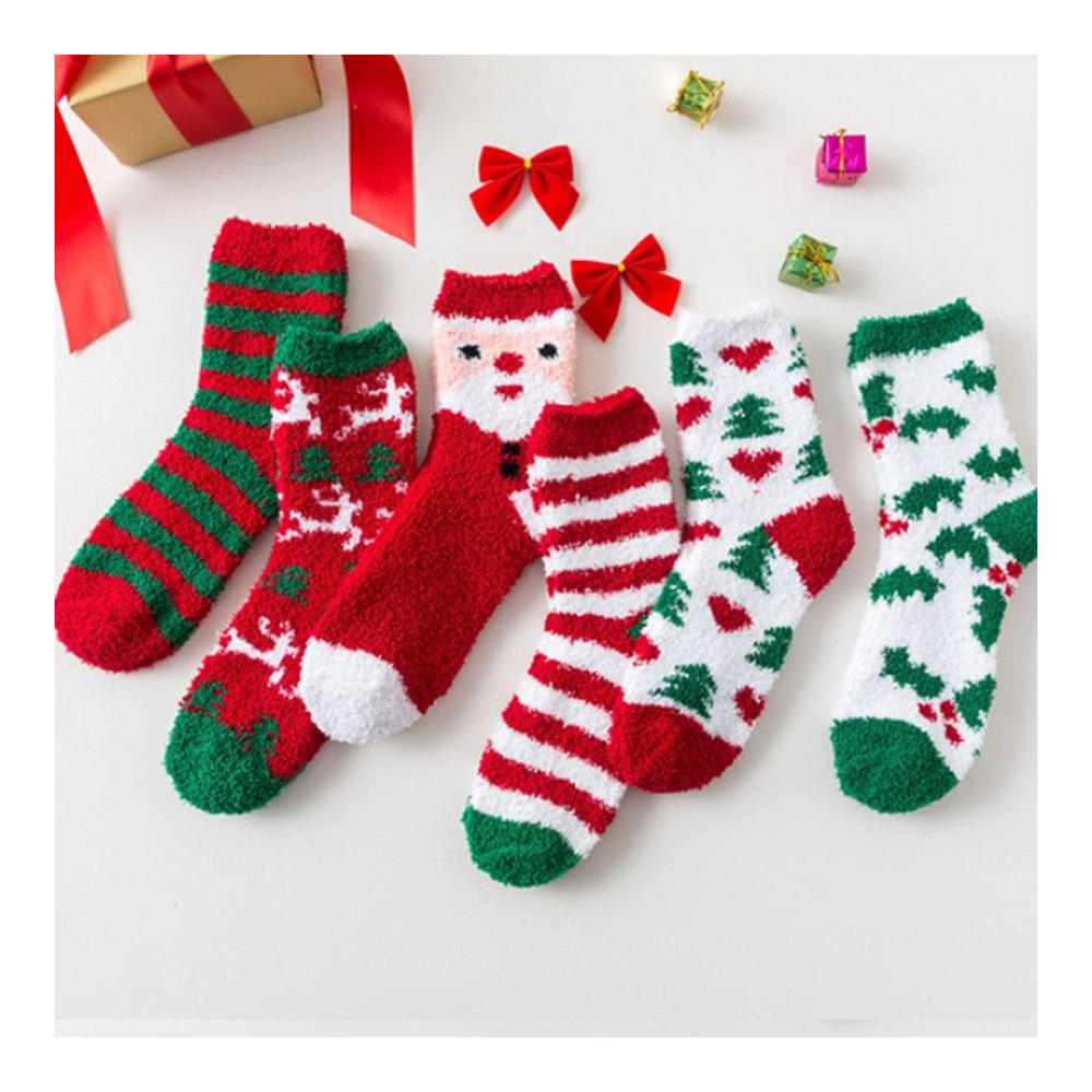 Hachera Weihnachtssocken - 6 Paar Damen Kuschelsocken für Warme Winter Hausschuhe - Flauschige Wintersocken mit Stoppersohle