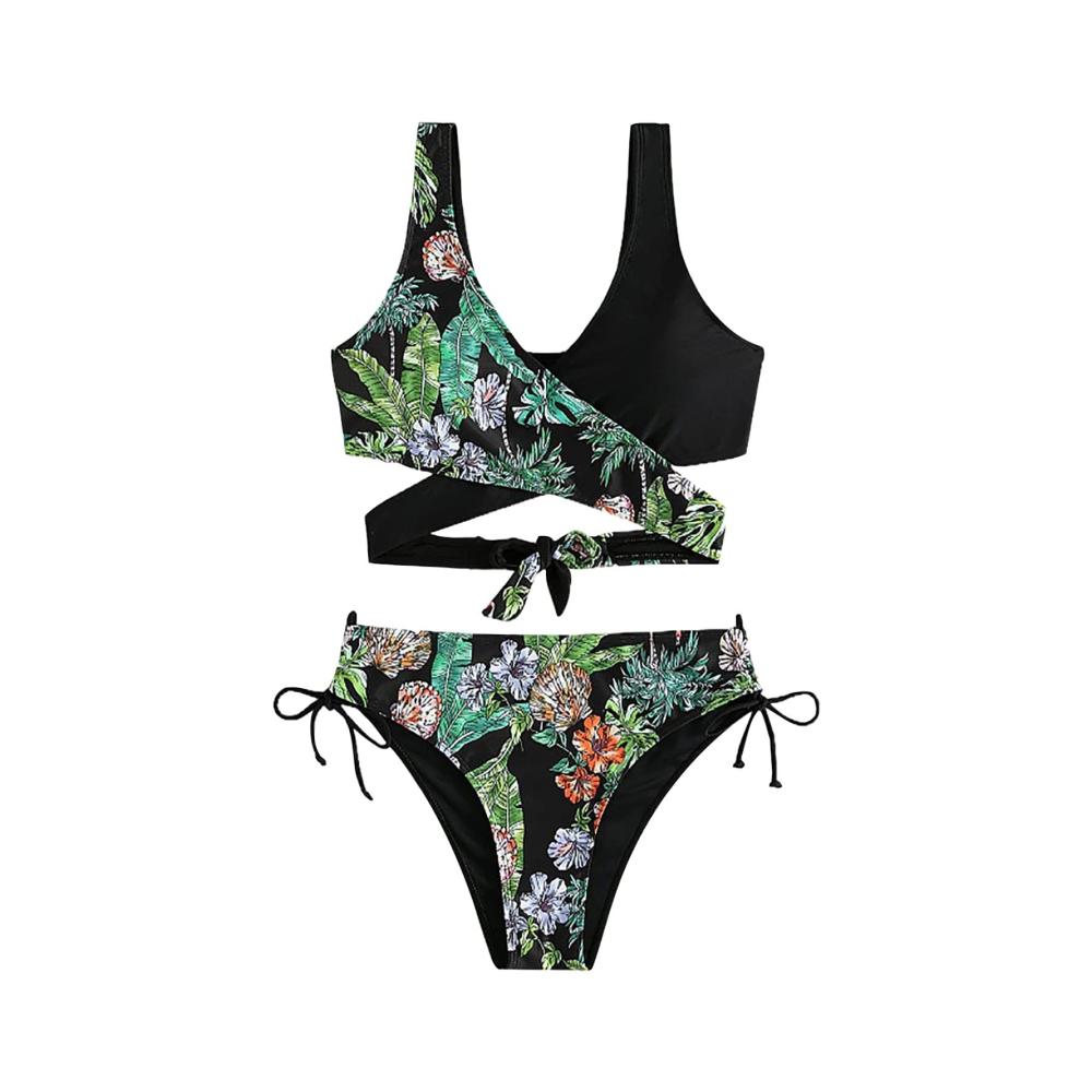 Badeanzug Damen Bauchweg Push Up Kontrastfarben Sexy Dreiecksnähte Verstellbarer Kordelzug