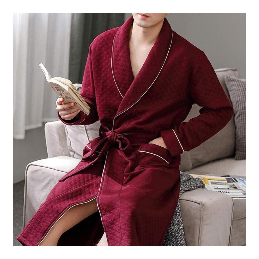 Eleganter Herren Bademantel aus 100% atmungsaktiver Baumwolle | Leichter Morgenmantel mit Taschen & Gürtel | Ideal für Frühling Sommer Herbst | Perfektes Geschenk für Partys | Robe in Rot Größe XL