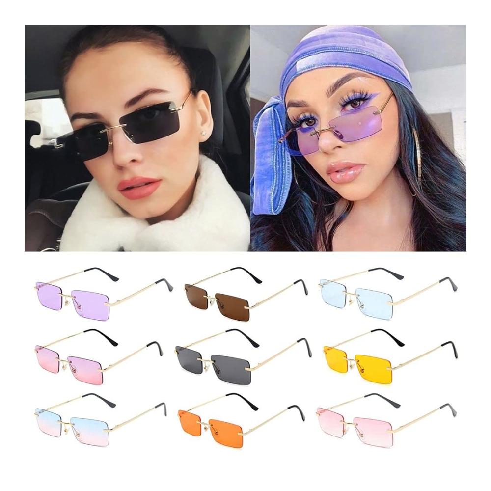 Retro Sonnenbrille - Quadratische Vintage-Brille für Damen und Herren randlos und rechteckig mit getönten Gläsern goldfarbenem Metallrahmen