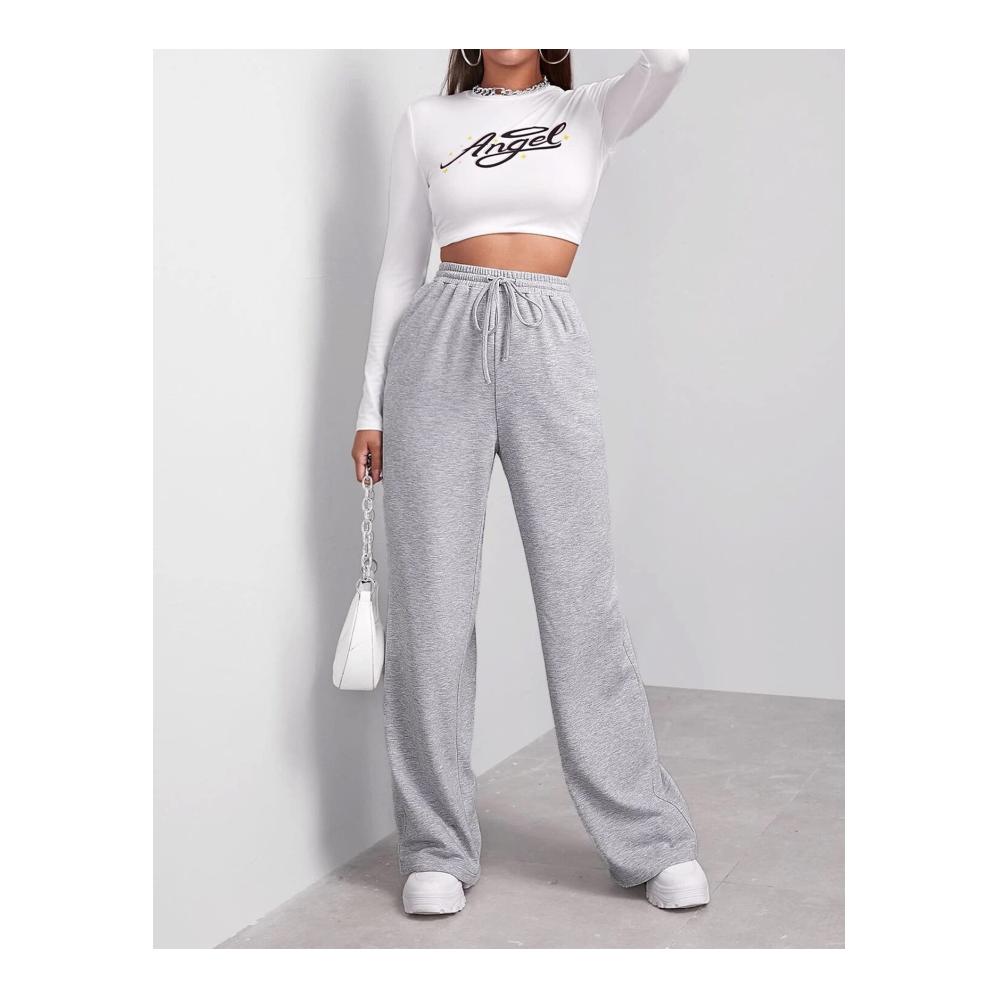 Bequeme Damen Jogginghose mit weitem Bein hoher Taille und Taschen – Elastische lockere Hose mit Kordelzug