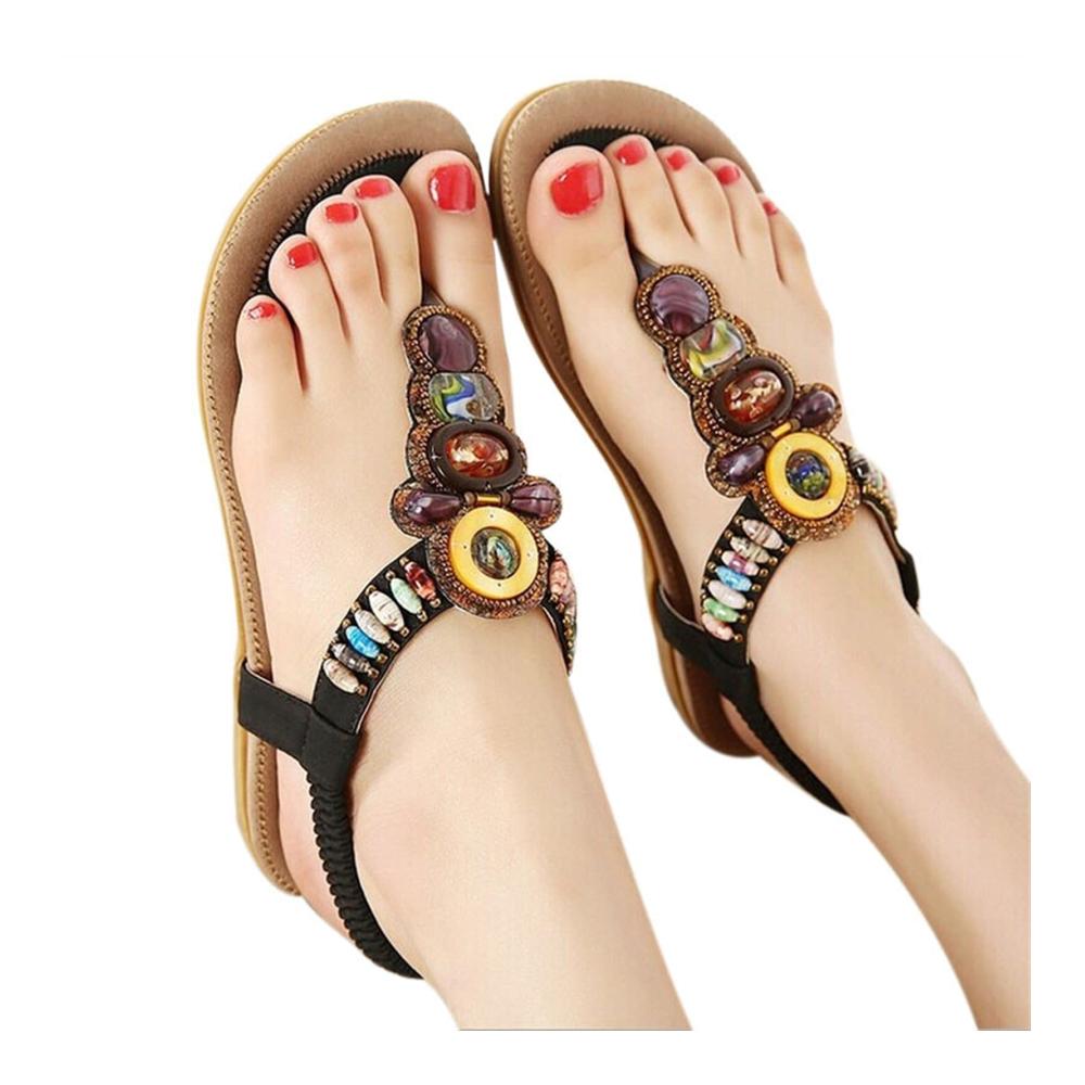 Böhmische Edelstein Perlen Sandalen Damen Sommer Strand Flip Flops in Schwarz Größe 40