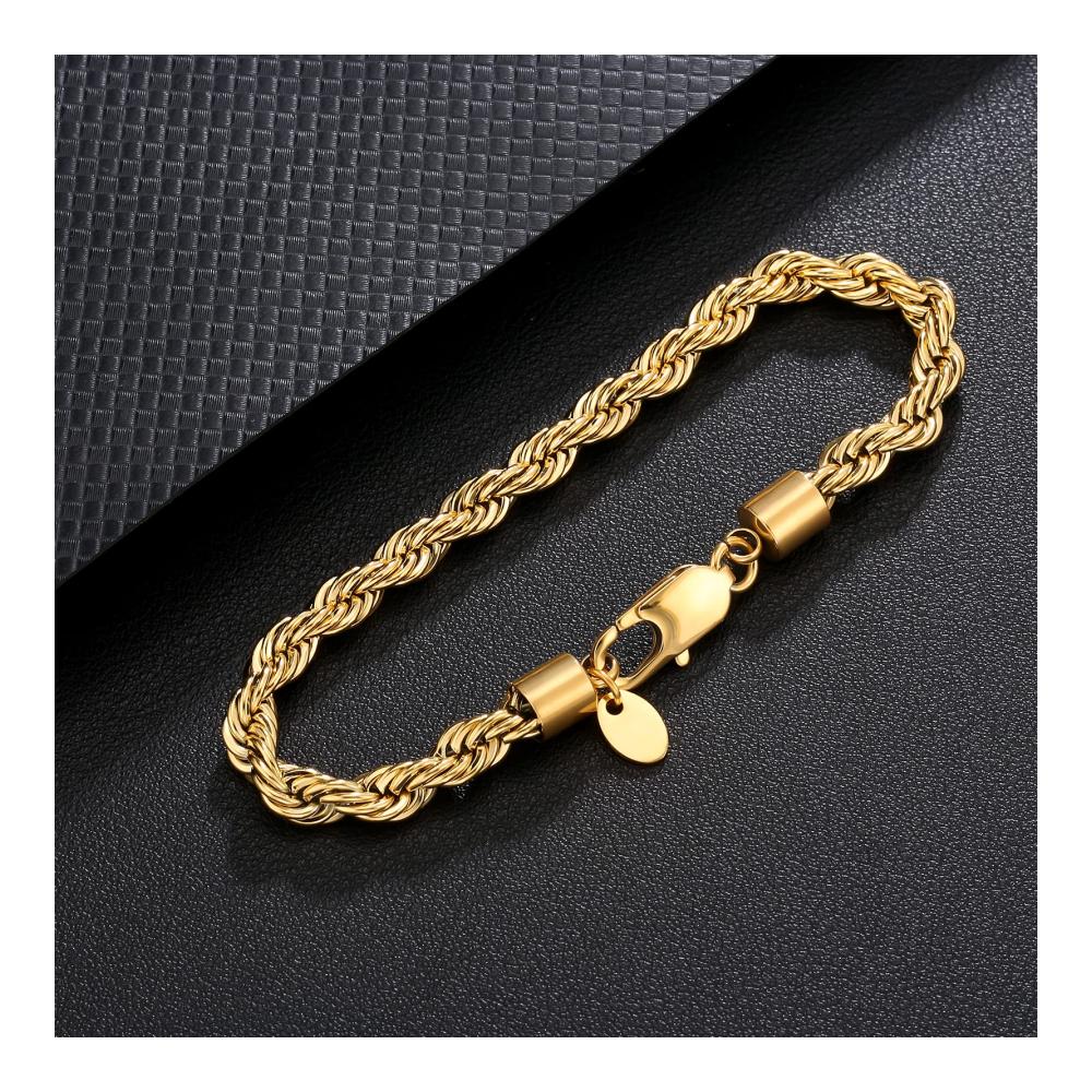 KRKC&CO 6mm Herren Armband - Stilvolles 18K Gold Vergoldet/Silber Farbe Edelstahl Kordelarmband - Hip-Hop Nickelfrei Bracelet für Männer - Verstellbare Länge 17-22cm