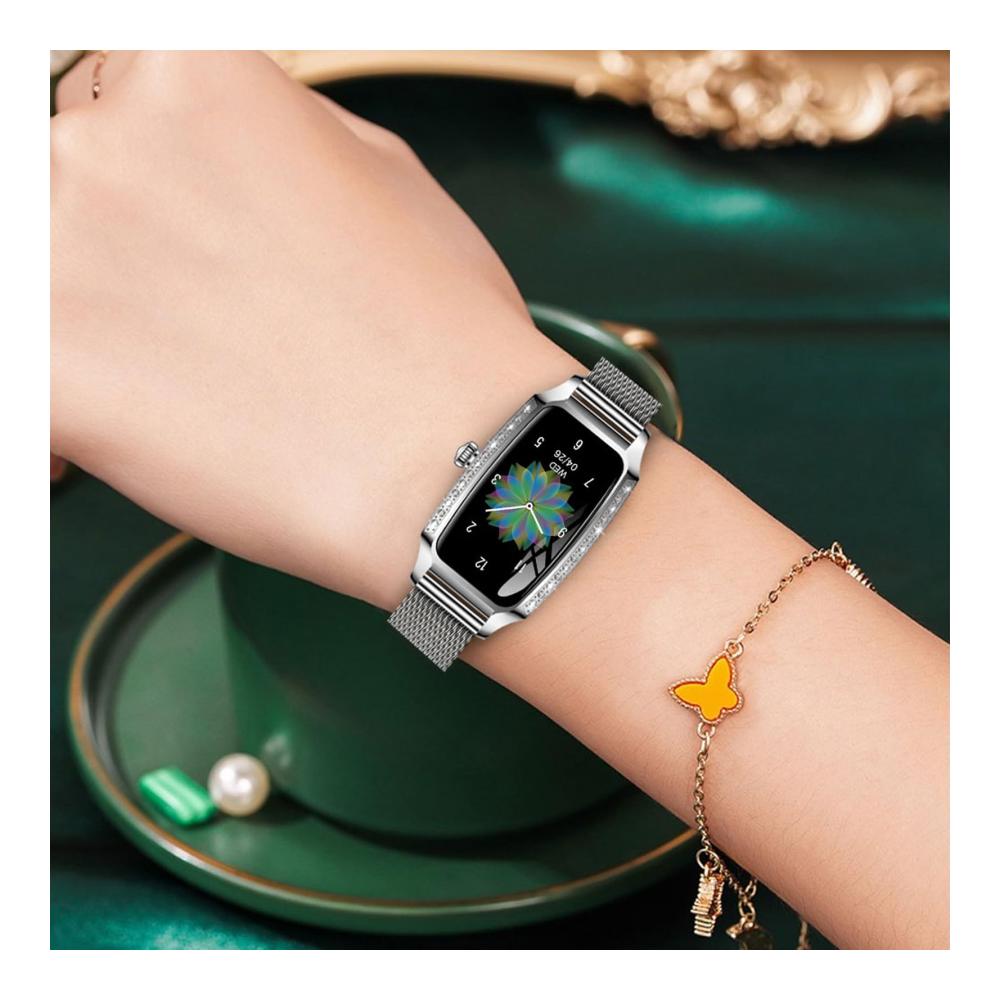 Elegante Damen Fitnessuhr mit Strass-Design | Silberne Smartwatch mit Voll-Touchscreen Blutdruckmessung Schlafmonitor Pulsuhren Schrittzähler Kalorienzähler | Luxus Sportuhr und Fitness Tracker