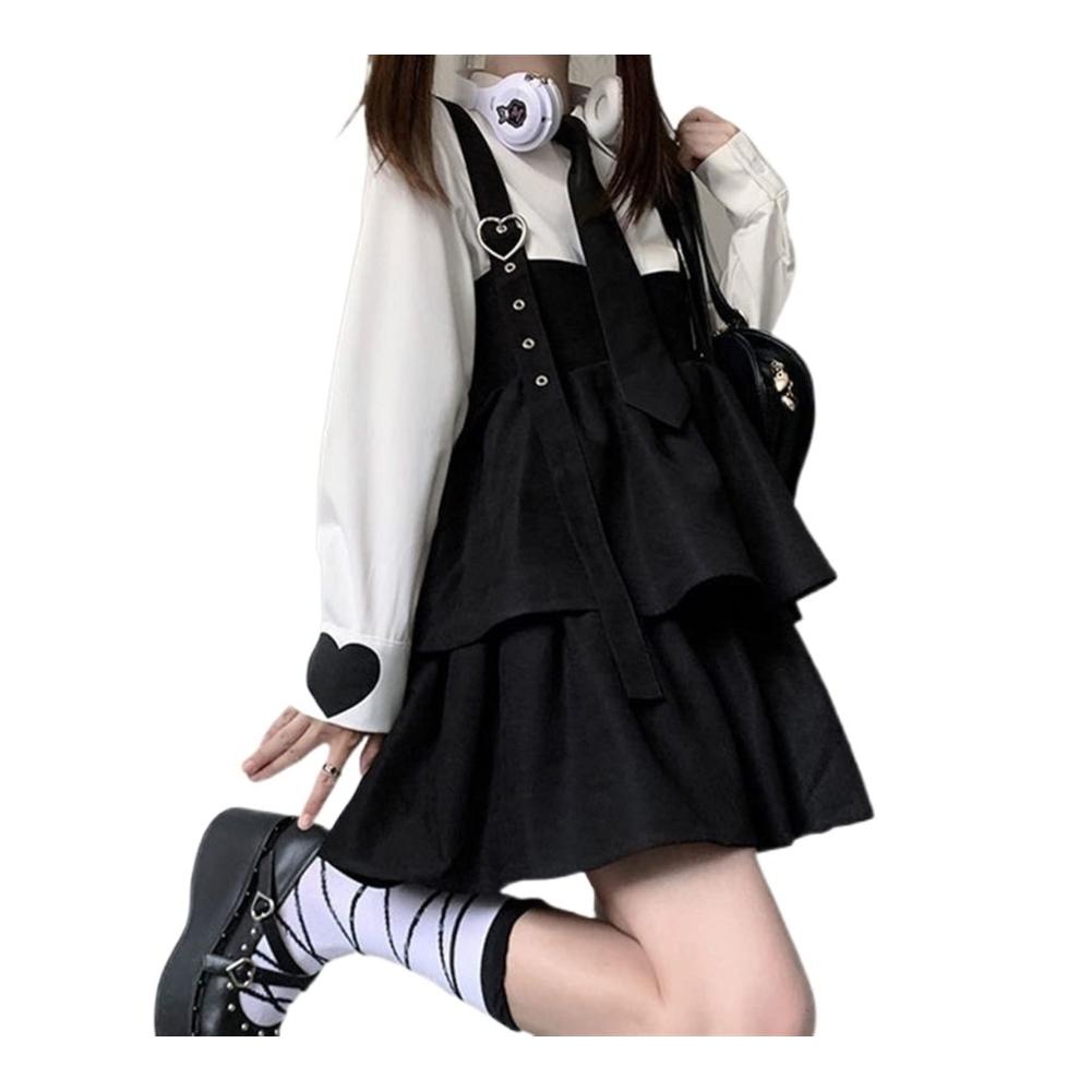 Pareos & Strandkleider Kawaii Schwarz Rüschen Lolita Kleid - Damen Herbstmode mit Japanischem Flair Ärmellos und Trägerdesign Niedliches Minikleid im Adretten Stil