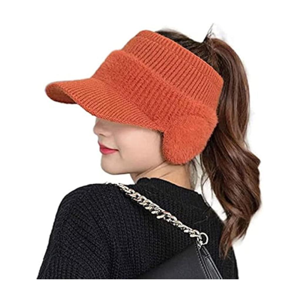 Damen Winter Strickmütze mit Ohrenschutz Fleece-Innenfutter Pferdeschwanzöffnung und Ohrenklappen - Warme Baseballmütze für den Winter