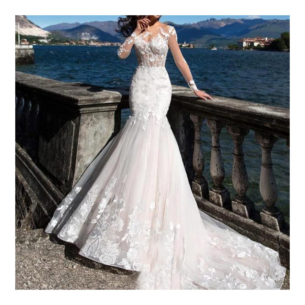 Spitzen Meerjungfrau Brautkleid mit Langarm und Applikationen - Elegantes Hochzeitskleid in Weiß (Größe 24W