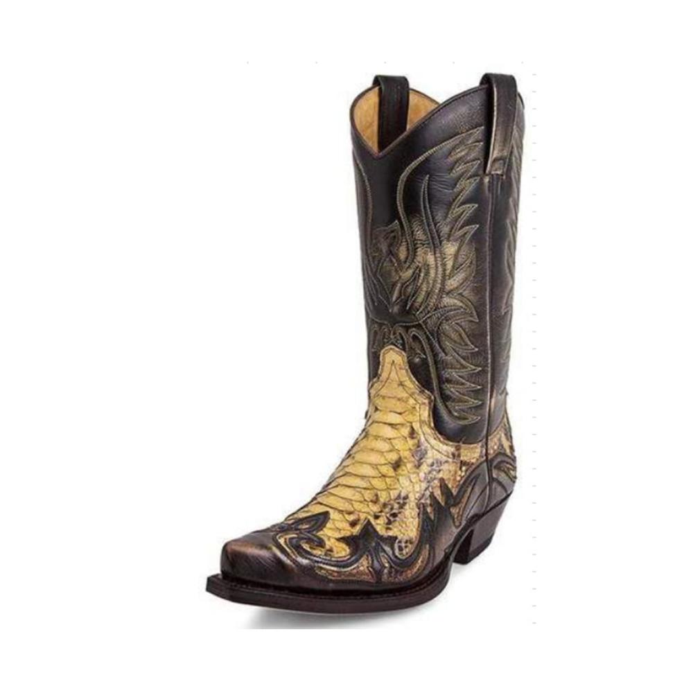 Cowboy Motorradstiefel für Herren aus Vintage PU Leder mit Spitze klobigem Absatz und Stickereien – Westernstil mittelhoher Absatz Plus Size Casual Boot