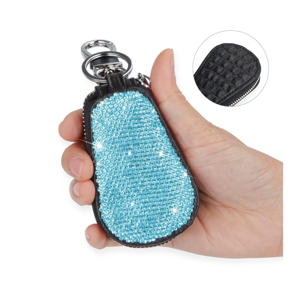 Herren Leder Schlüsselanhänger Etui mit Bling Bling Akzenten - Auto Münzhalter Reißverschluss Fernbedienung Brieftasche (Blau