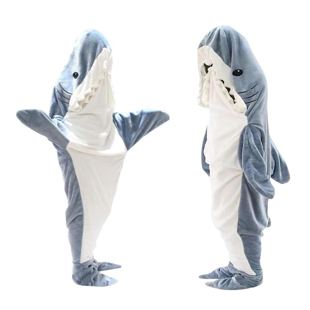 Superweicher Hai-Decken-Hoodie Kuscheldecke mit Tiermuster für Kinder & Erwachsene (Grau S) - Ideale Wohndecke zum Tragen auf dem Sofa