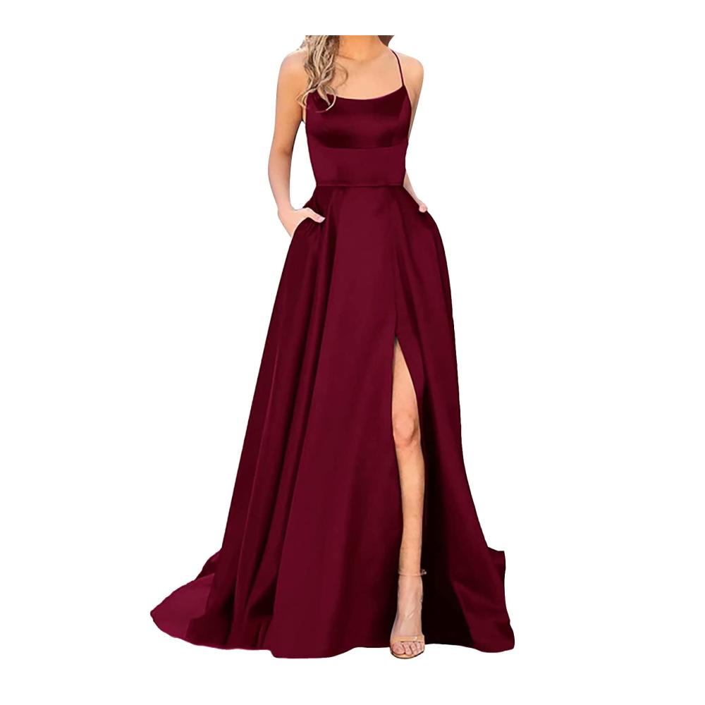 Abendkleider Elegant Hochzeits- und Abschlusskleider Damen Maxi Dress in A-Linie Satin mit Schlitz Spaghetti-Trägern Taschen – Perfekte Festkleider für jede Party