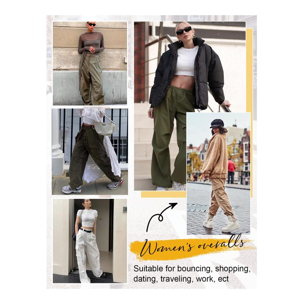 Damen Cargo Hose High Waist Baggy - Elastische Bund Cargohose mit Taschen Streetwear Y2k Style - Weites Bein Straight Fit - Svanco Fashion
