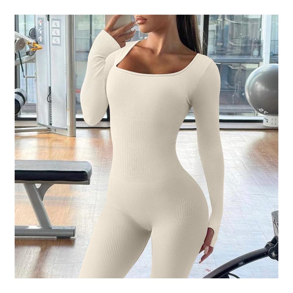 Nahtloser Damen Jumpsuit Sexy Strick Overall mit geripptem Design Stretch Langarm Bodycon Strampler - Perfekt für Drinnen und Draußen Sport & Training
