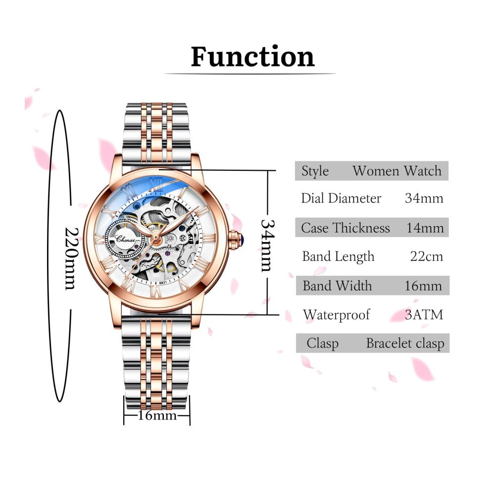 Roségold Damen-Armbanduhr mit automatischem mechanischem Uhrwerk Edelstahlband luxuriösem Skelett-Zifferblatt Diamanten und Eleganz