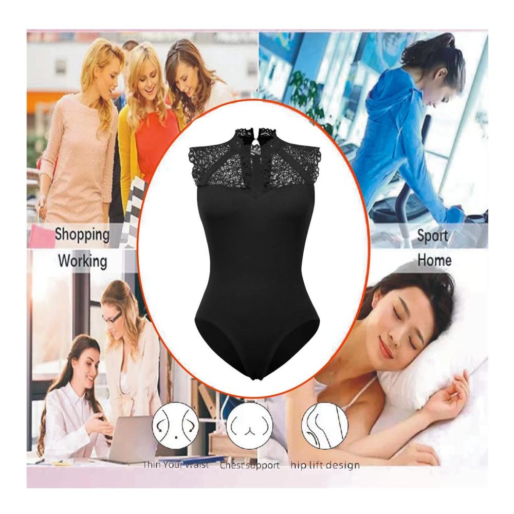 Ärmelloser Damen-Body mit sexy Stehkragen und Bauchkontrolle – Spitzen-Design für ultimative Eleganz und Komfort (weiß Größe L