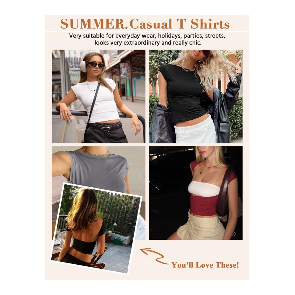 Y2K Sommer-T-Shirt für Damen | Rückenfreies Crop Top mit Slim Fit | Kurzarm Bluse in Solider Farbe | Rundhalsausschnitt und Offener Rücken | Sexy Casual Fashion Tees für Streetwear