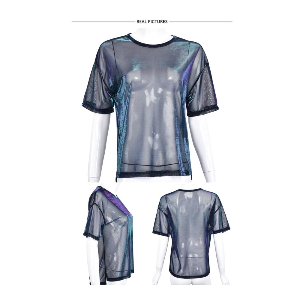 Damen Sommer T-Shirt - Transparentes Kurzarm-Tüllshirt in Schwarz (S-XL