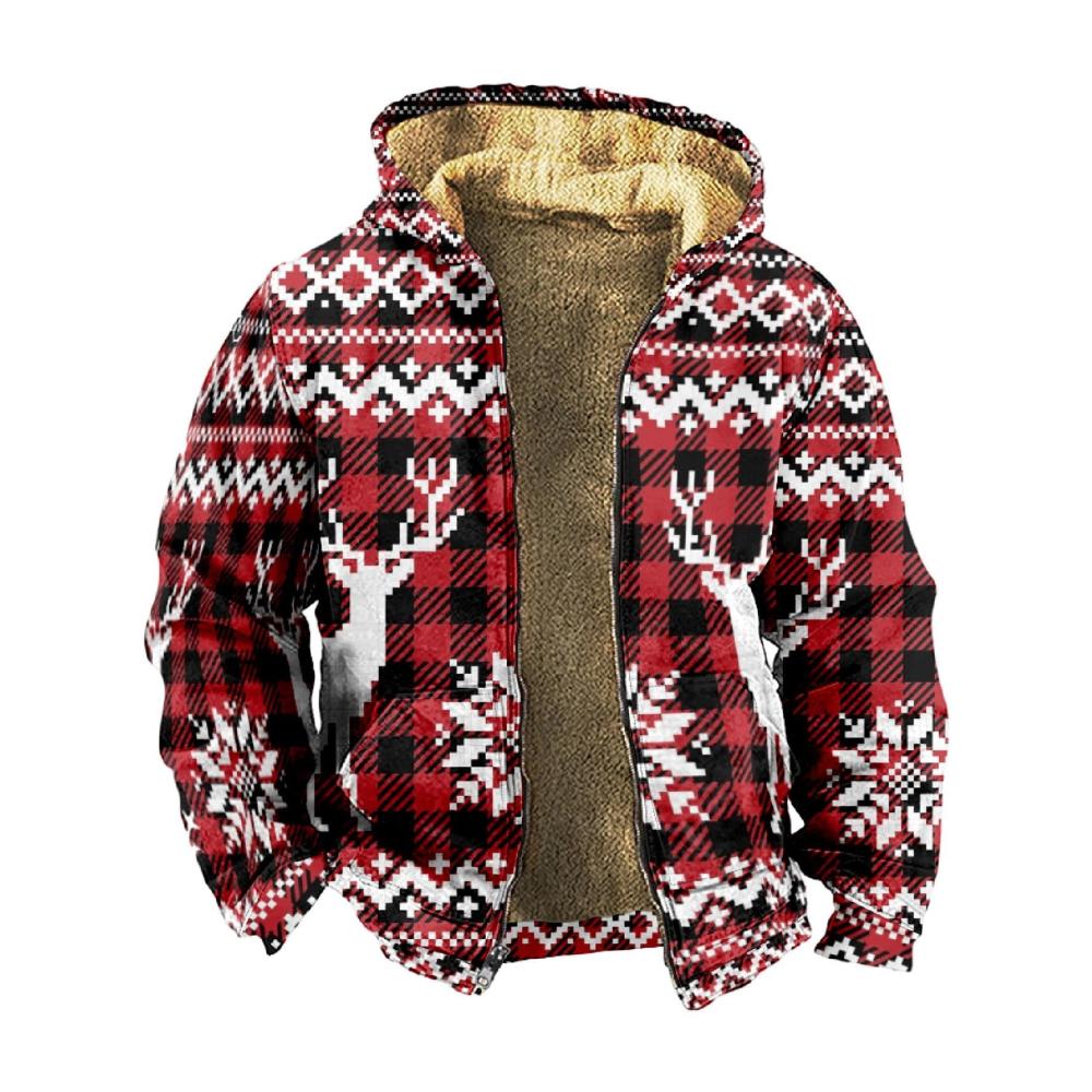Weihnachtsjacke Herren – Warme Winterjacke mit Fleecefutter Kapuze und Weihnachtsdruck Winddicht und Ideal für Freizeit und Wanderungen