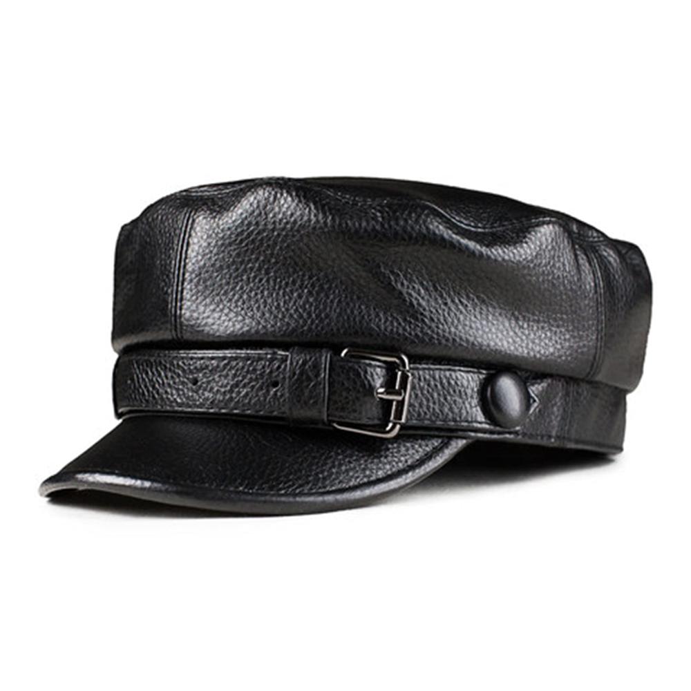 Schwarze XXL Schiebermütze aus Rindsleder mit Gürtel-Design – Militär Newsboy Cap für Damen