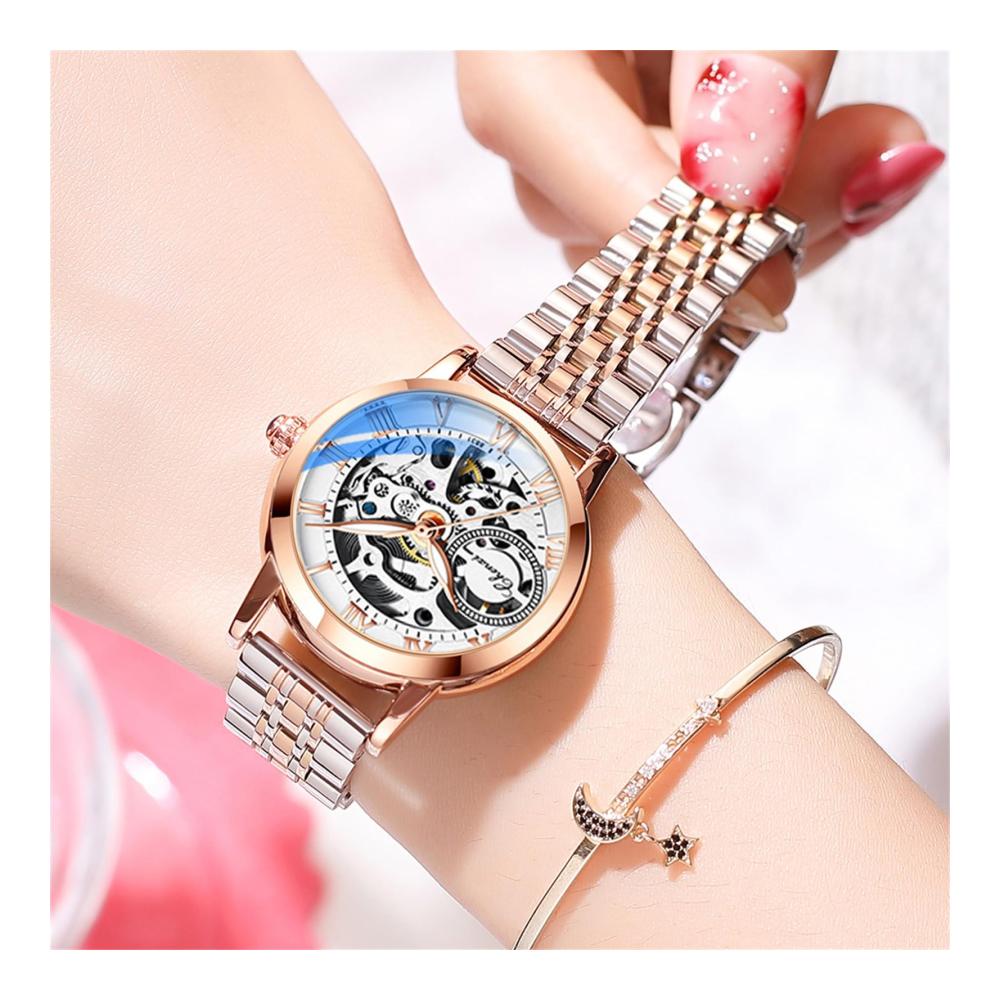 Roségold Damen-Armbanduhr mit automatischem mechanischem Uhrwerk Edelstahlband luxuriösem Skelett-Zifferblatt Diamanten und Eleganz