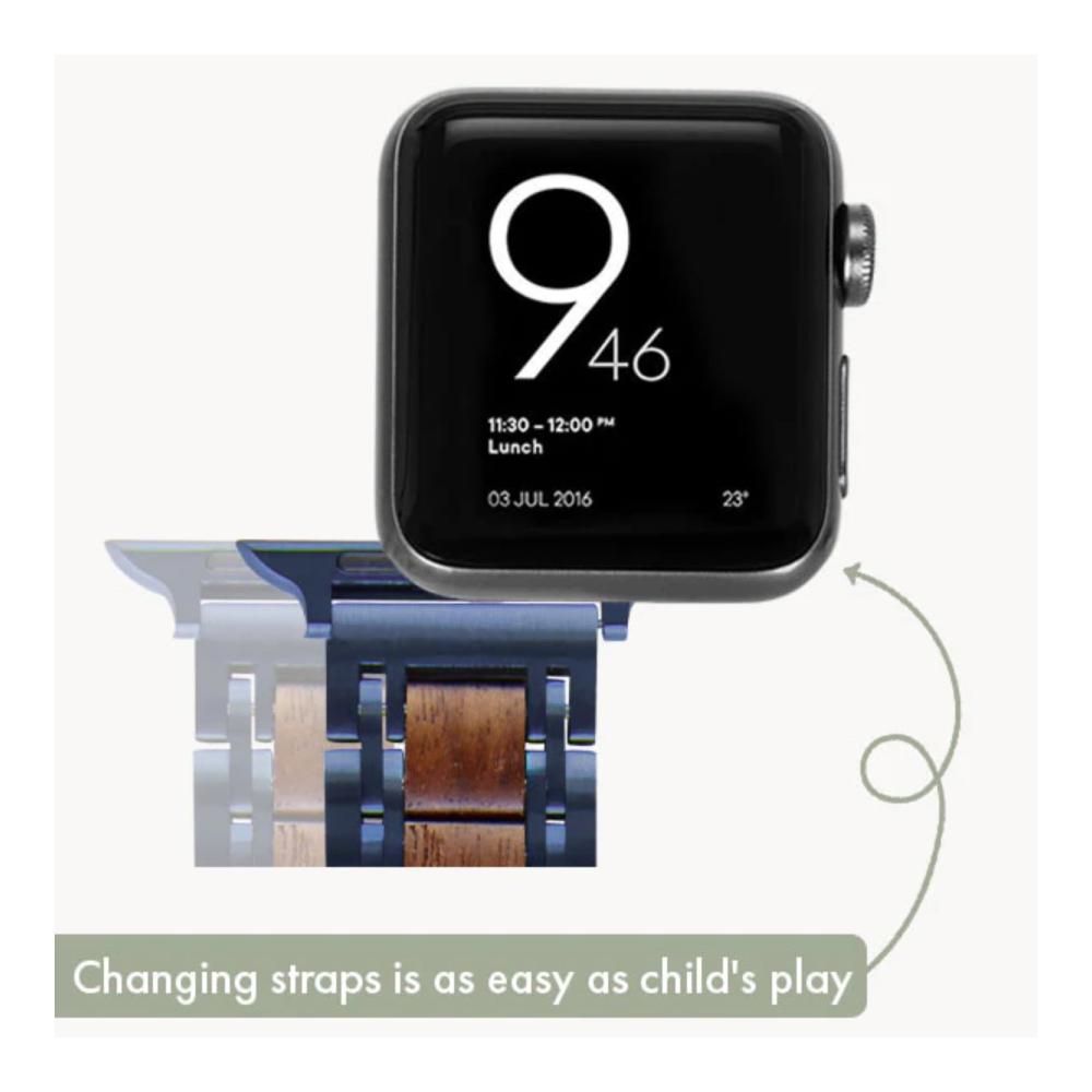 Natürliches Walnuss-Edelstahl-Armband für Apple Watch | Ersatzarmband Holz Blau | Kompatibel mit Serie 8 7 6 5 4 3 2 1 | 42mm 44mm 45mm | Hochwertiges Metallarmband Ultra & SE