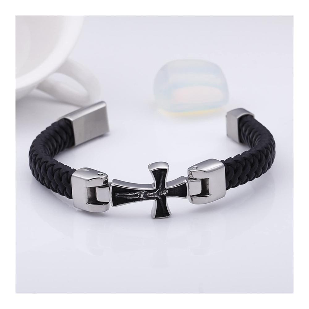 Herren Armband - Echtes Leder Kreuz Jesus Vintage Gothic Style Geflochten Silber 225 cm