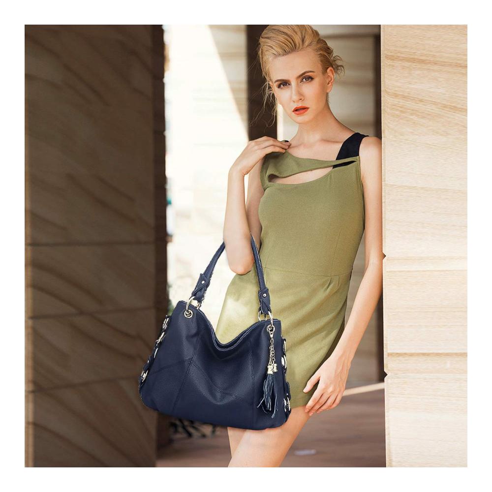 Damen Schultertasche aus weichem Leder - Großes Fassungsvermögen modische Hobo-Tasche mit Quaste - Schwarze Umhängetasche für stilbewusste Frauen