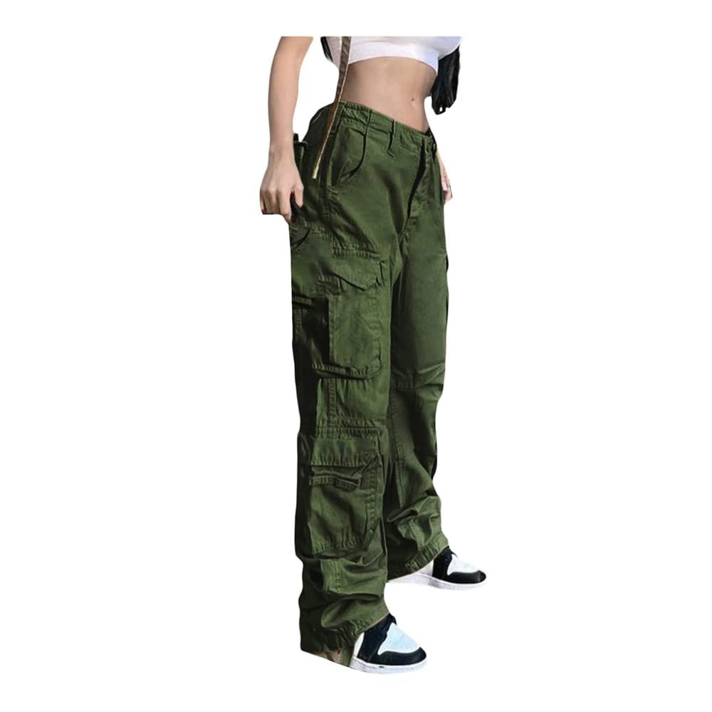 Damen Cargo Jeans Y2K Grüne Low-Rise Baggy Jeans mit Taschen - Trendige Vintage Streetwear