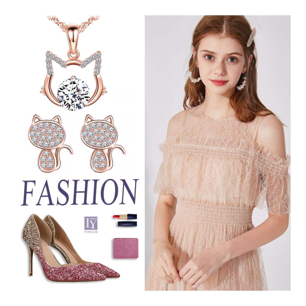 Damen-Schmuckset Roségoldene Kette mit Katzen-Anhänger Ohrstecker mit Zirkonia 925 Sterling Silber Geschenk für Frauen