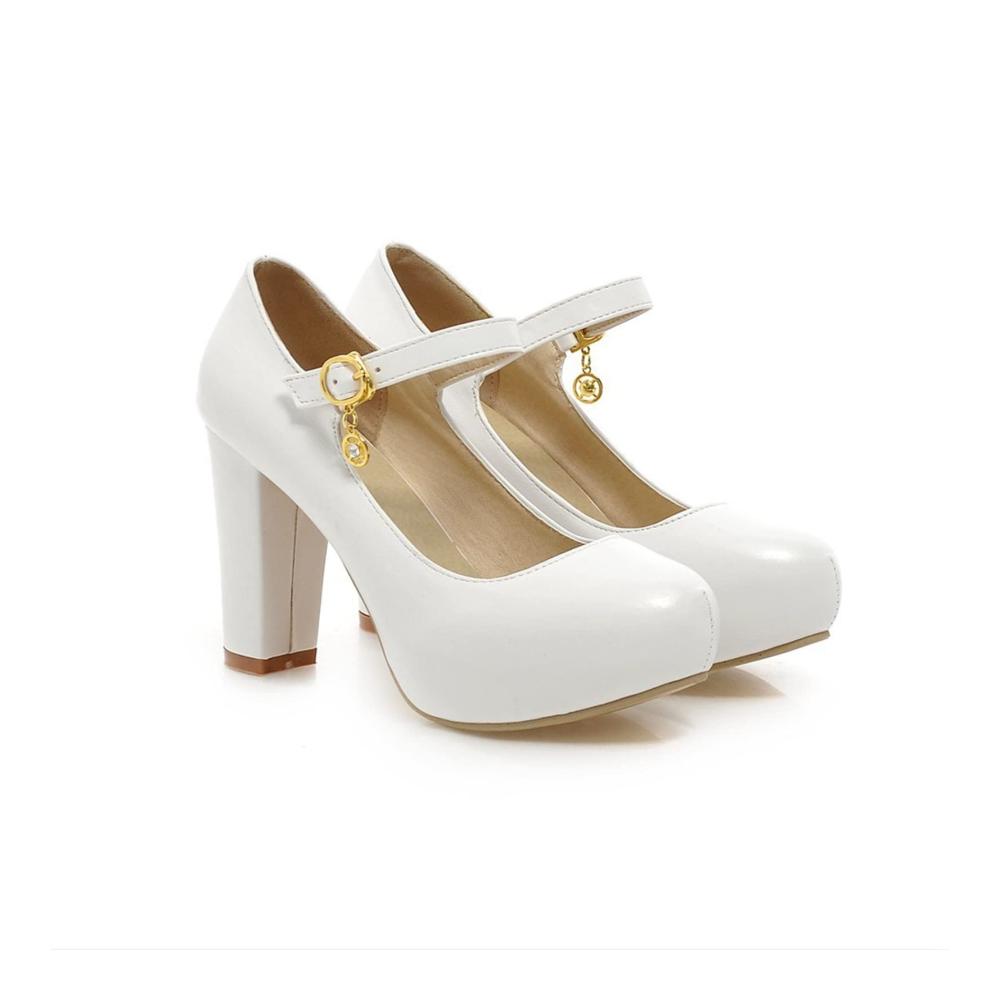 Damen Basic Pumps Elegante PU Leder High Heels mit Knöchelriemen Chunky Absatz und Schnalle – Modische Runde Zehen Flats