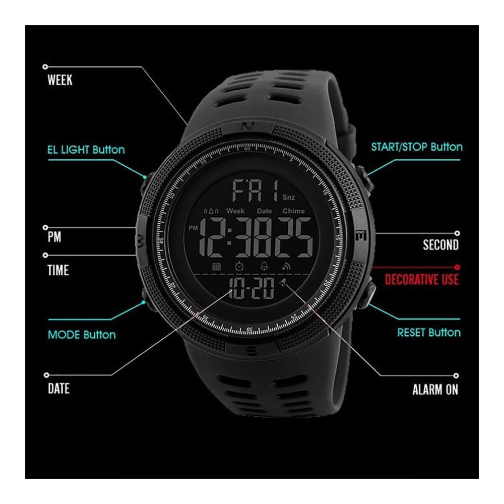Digital-Armbanduhr für Herren Skmei DG1251 mit großem Display Kunstharz-Armband Stoppuhr und Alarm