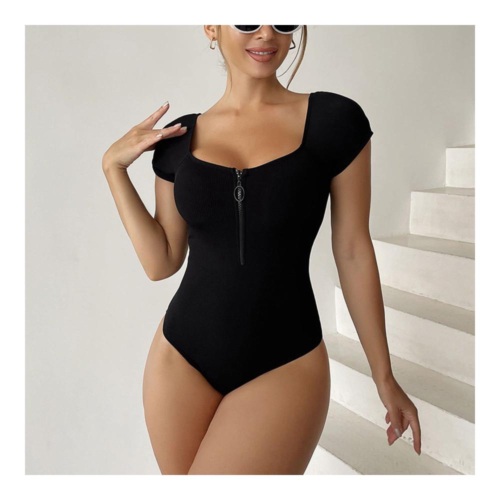 Badeanzug Damen Reißverschluss Kurzarm Schlanker Bikini für Strand und Pool - Modischer Einteiler in Einheitsfarbe