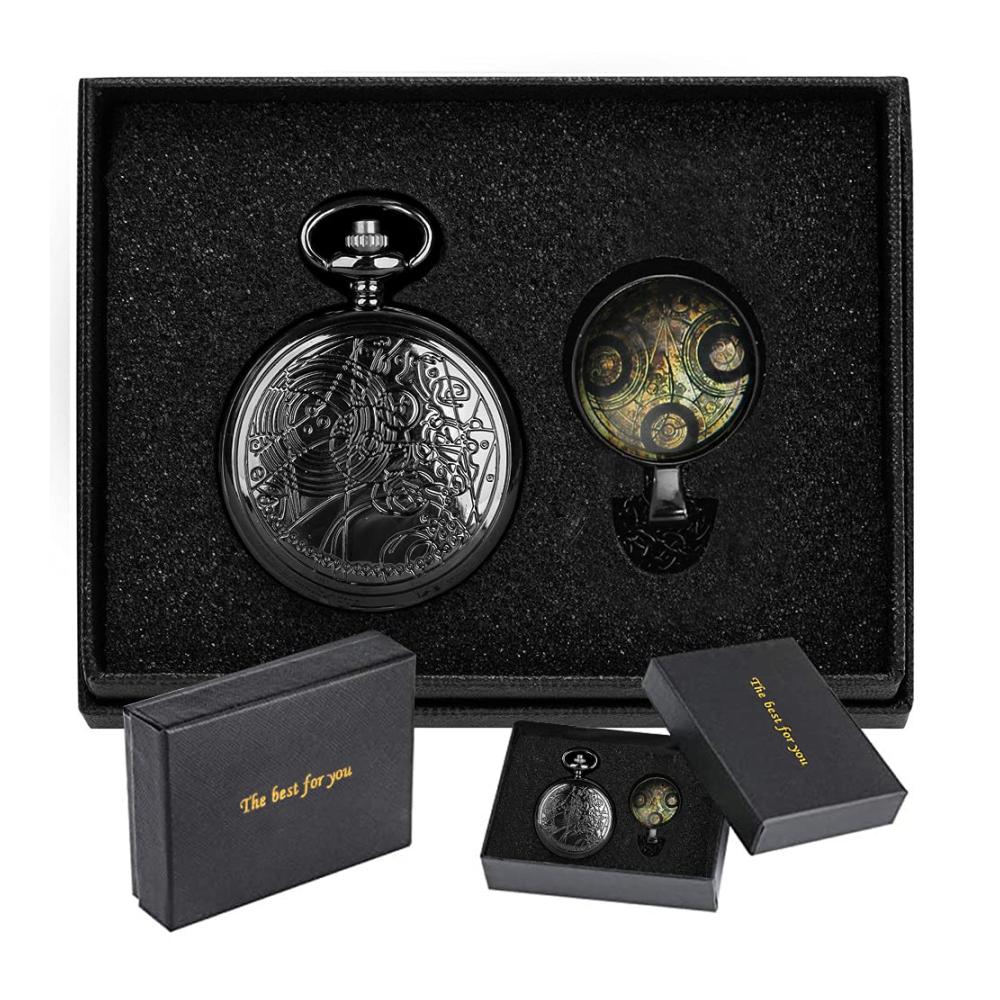 Doctor Who Taschenuhr Bronze Vintage Design Schwarzes Gehäuse Quarz-Uhrwerk Römische Ziffern Herren Halskette Anhänger mit Kette