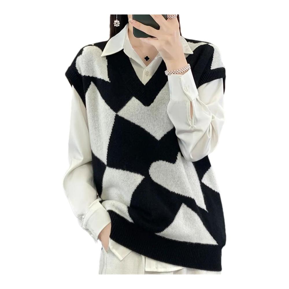 Woll Damen Pullover Ärmelloser Strickpullover & Kontrastweste - Bequemer Mantel