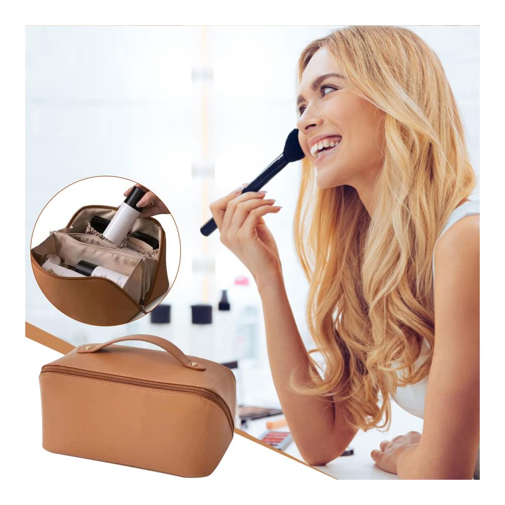 Große Kapazität Kosmetikkoffer für Frauen - Multifunktionale Reise-Make-up-Tasche mit Reißverschluss doppelte Schicht Griff und goldfarbenem Reißverschluss (Farbe Braun