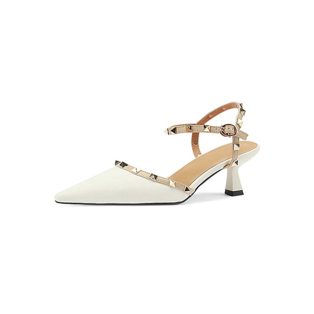 Niedrige Kitten-Heels-Pumps Damen Spitze Riemchen-Nieten-Schuhe geschlossene Zehen-High Heels Slingback-Pumps Sommer-Party-Sandalen (Weiß EU(CN) 39/US8
