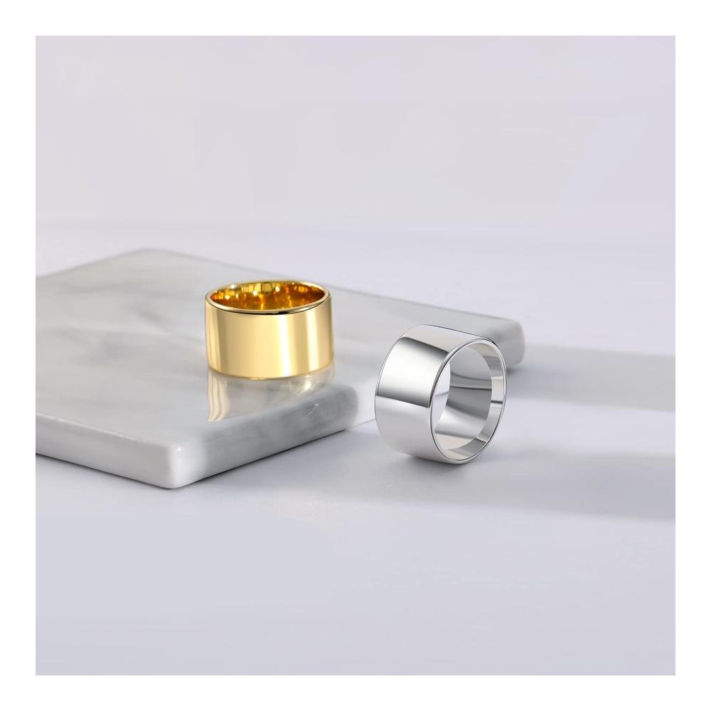 18K Gold Silber Ringe - Damen Herren 12MM Bandring für Daumen und Finger Klassisch Unisex Schmuck mit Hochglanzpolitur Bequeme Passform in Größe 52-62